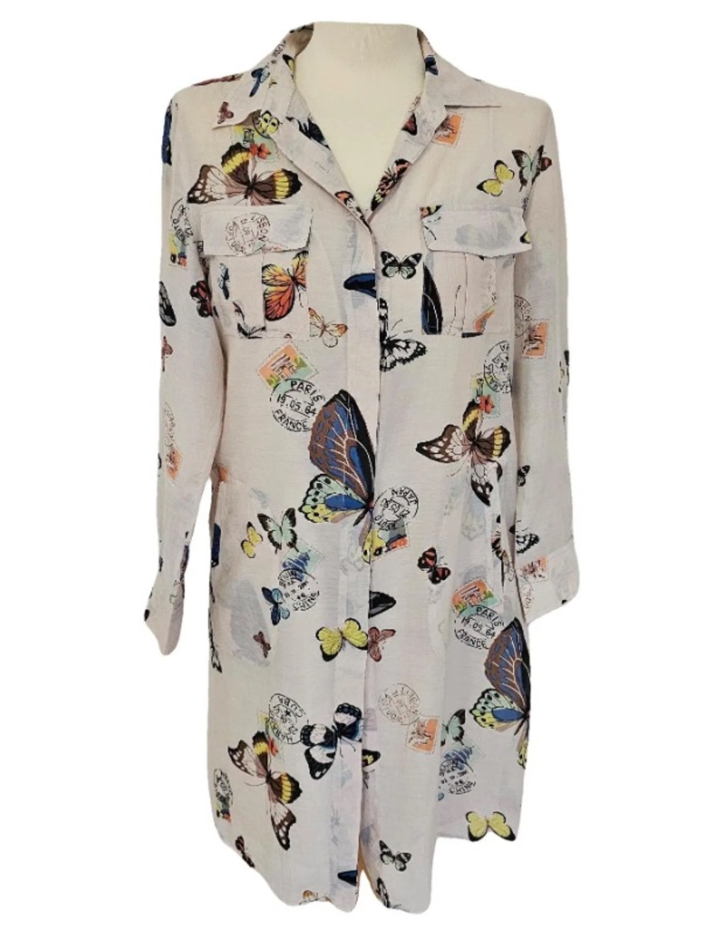 Gerard Darel Butterfly-Print Midi Dress in Cream with Multicolor Accents